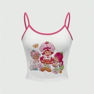 White Tank Top with Cartoon Print and Pink Trim